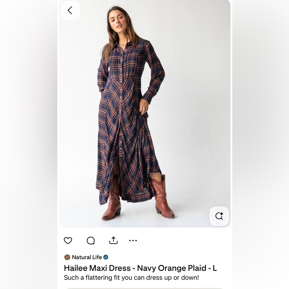 NATURAL LIFE Navy and Orange Plaid Long Sleeve Dress With Gold Thread (Rare) - Picture 7 of 7